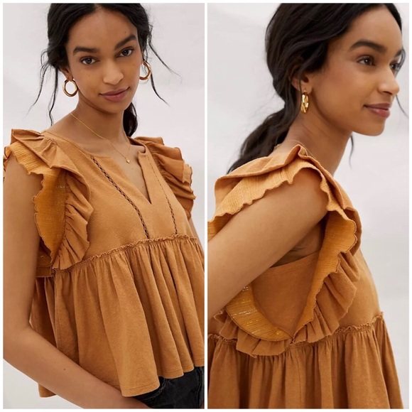 NWT ANTHROPOLOGIE CAROLINE RUFFLED BABYDOLL TOP IN CEDAR - Picture 7 of 7
